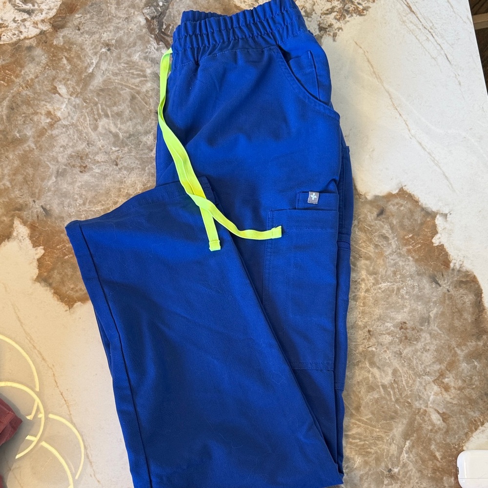 Figs Royal Blue Ankle Scrub Pants with Neon Drawstring